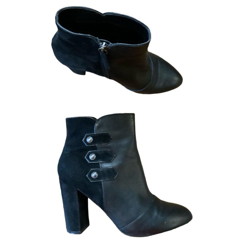 White House black market Kayden Ankle Boot, black leather, suede covered heel 7M